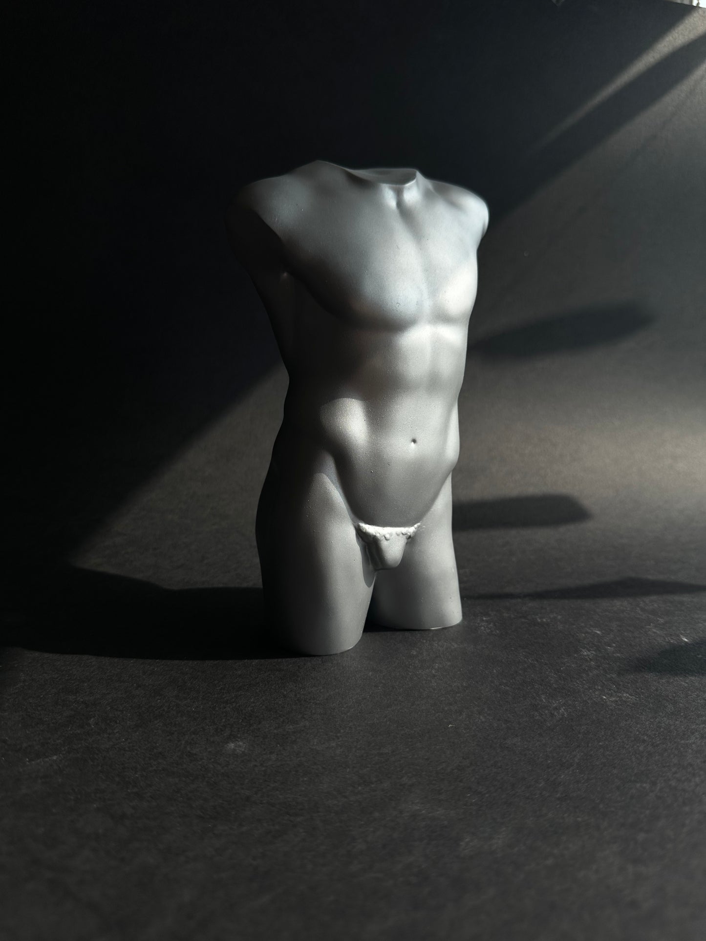 LARGE 8 inch male body sculpture in silver