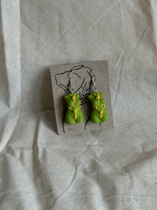 Plus size female body earrings with shibari in green & yellow - silver hooks