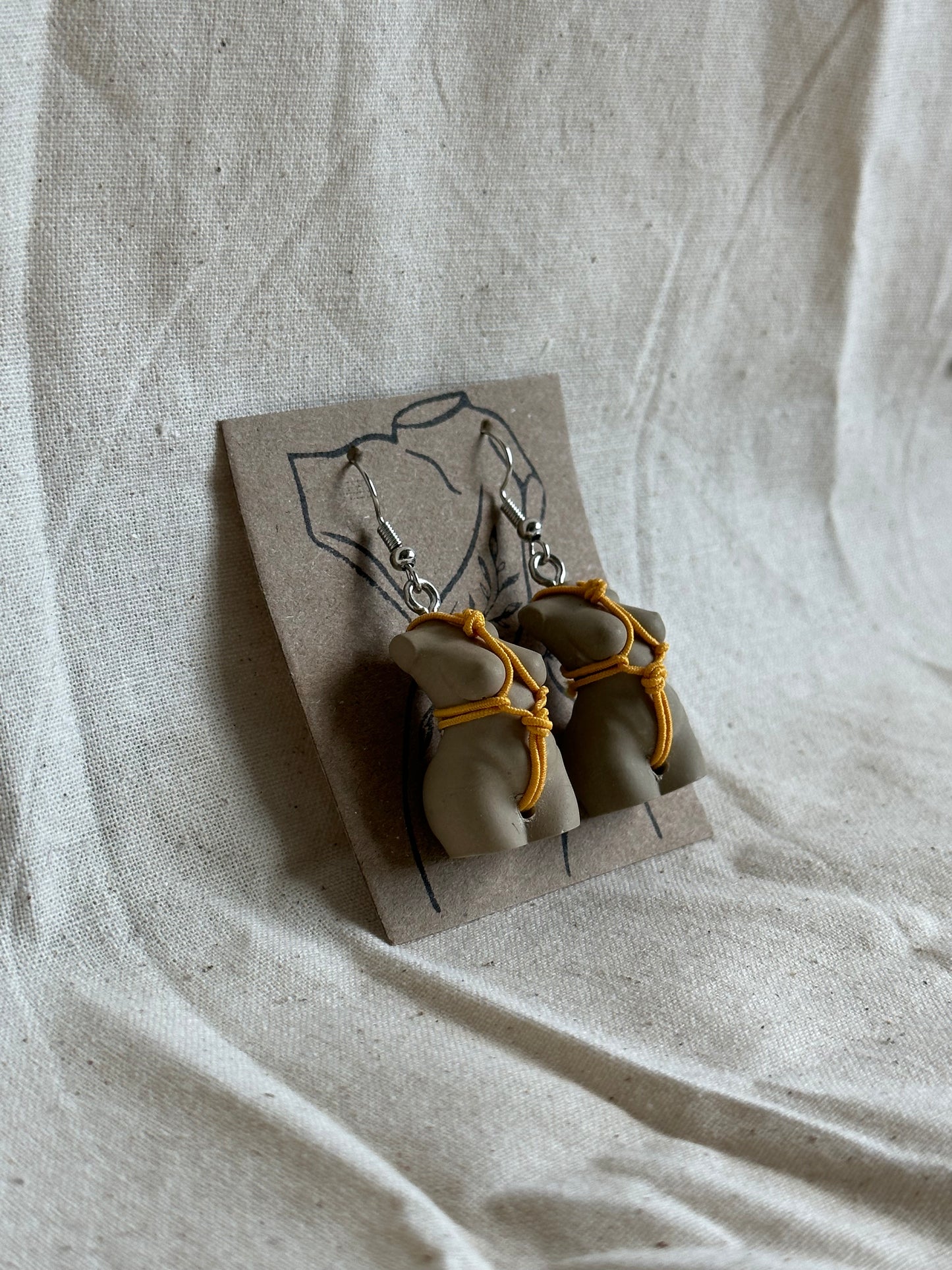 Plus size female body earrings with shibari in brown & light orange - silver hooks