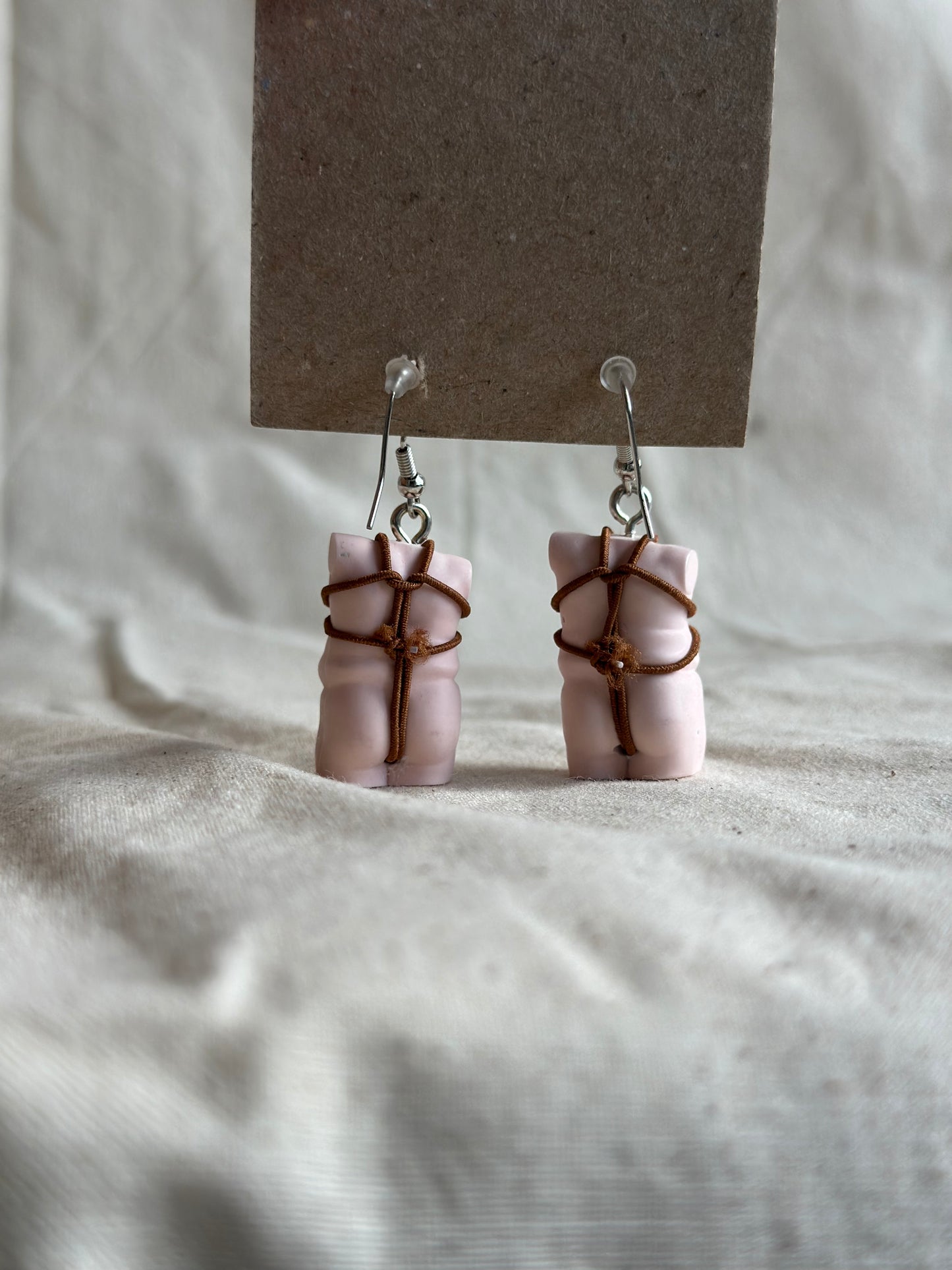 Plus size male shibari earrings in pink & brown - silver hooks