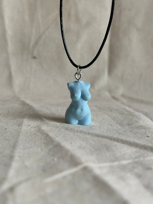 Plus size female body necklace in light blue - black cord