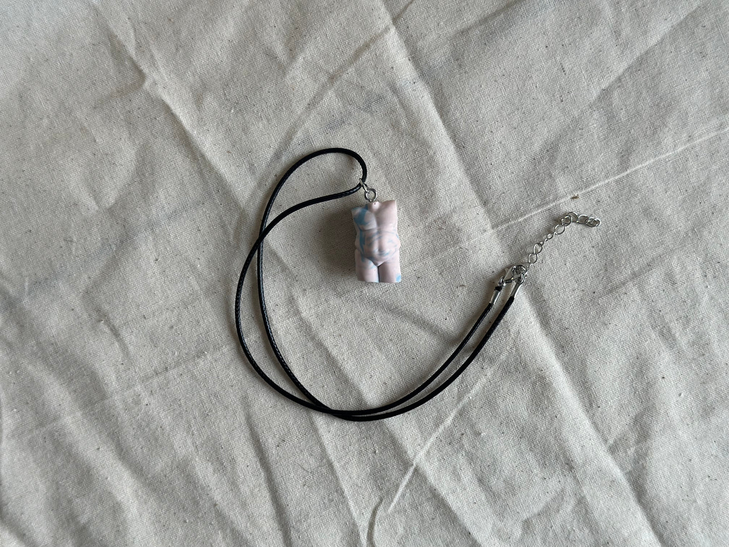 Plus size male body necklace in blue & pink marble - black cord