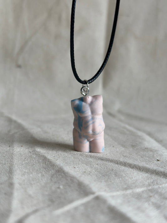 Plus size male body necklace in blue & pink marble - black cord