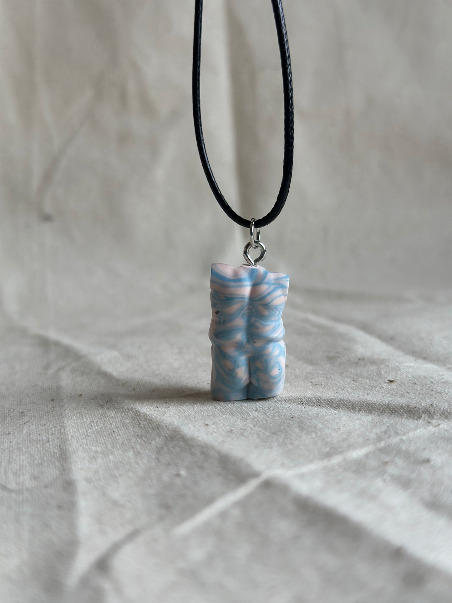 Plus size male body necklace in blue & pink marble - black cord