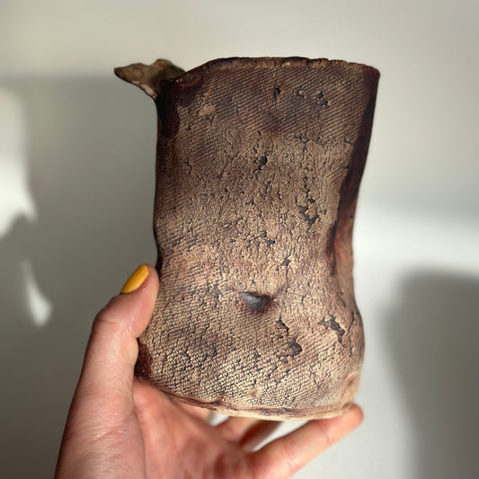 Handmade ceramic belly vase, textured pottery art, unique gift, 14 cm tall