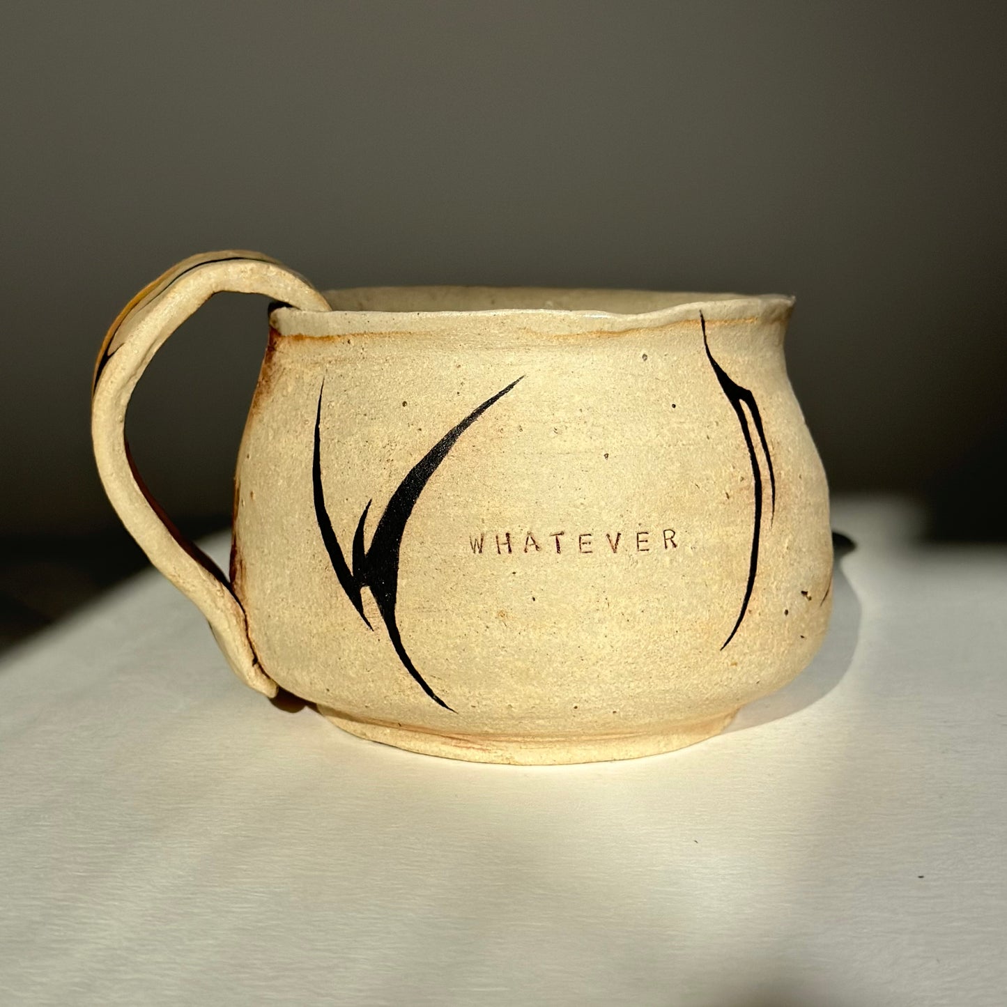 large 'whatever' handmade ceramic mug with tribal design, 250 ml capacity, unique gift, quirky pottery