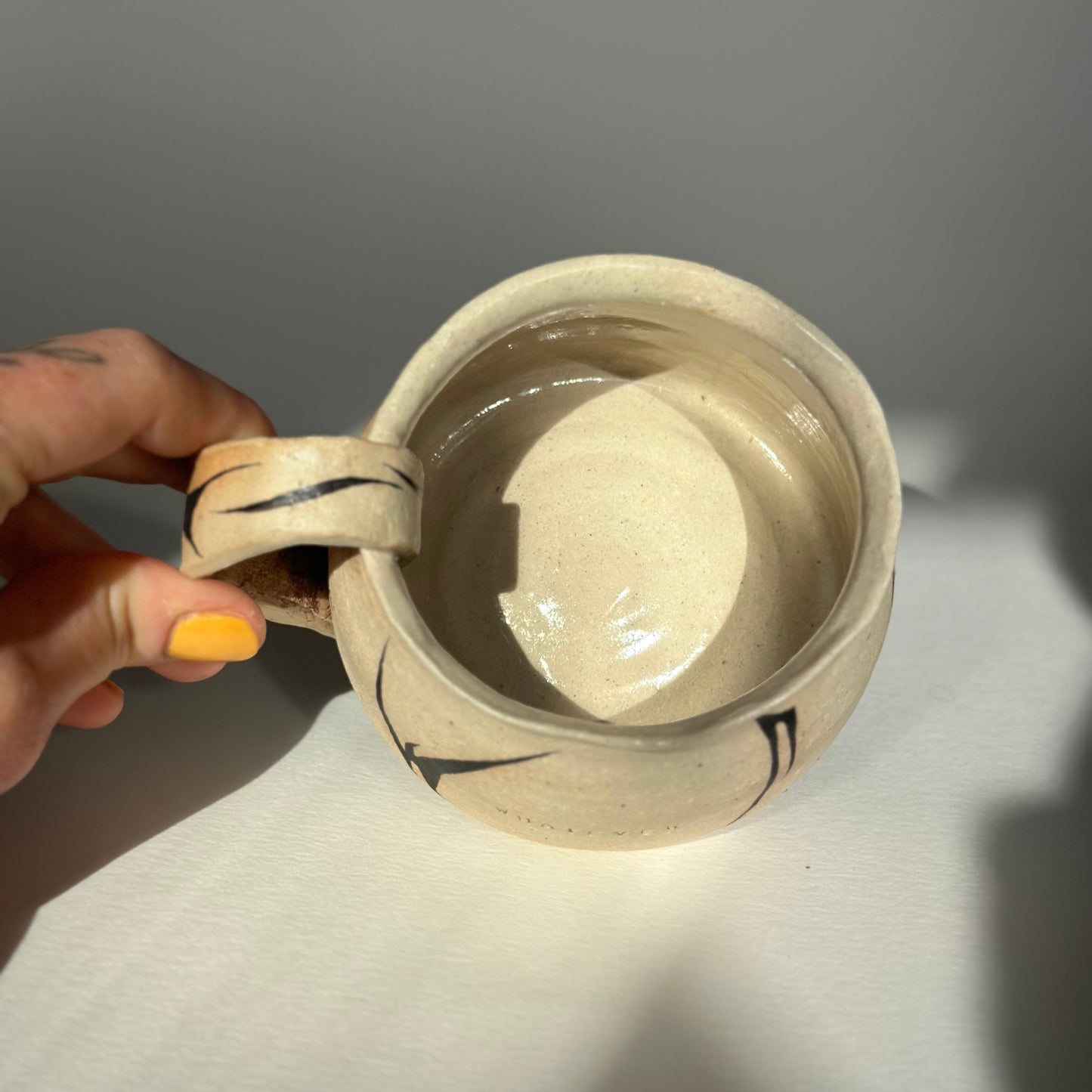 large 'whatever' handmade ceramic mug with tribal design, 250 ml capacity, unique gift, quirky pottery